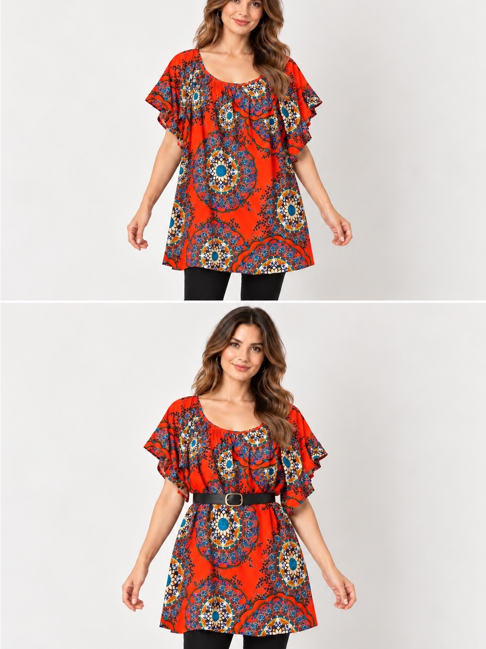 Bright Red Medallion-Print Flutter Sleeve Tunic